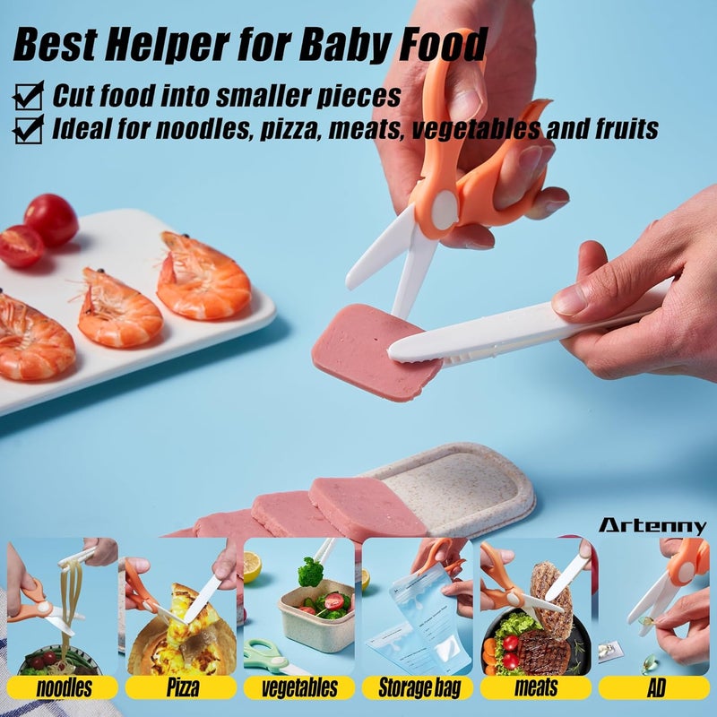 Artenny Baby Food Scissors with Travel Case and Tongs Set, Fully Detachable Ceramic Kids Food Scissors with Safety Lock, Dishwasher Safe, Ideal for Noodles, Meats, Vegetables, Pizza and Fruits (B) - Image 5